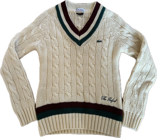 The Perfect Vintage Burgunday and Green Striped Lacoste Tennis Sweater.